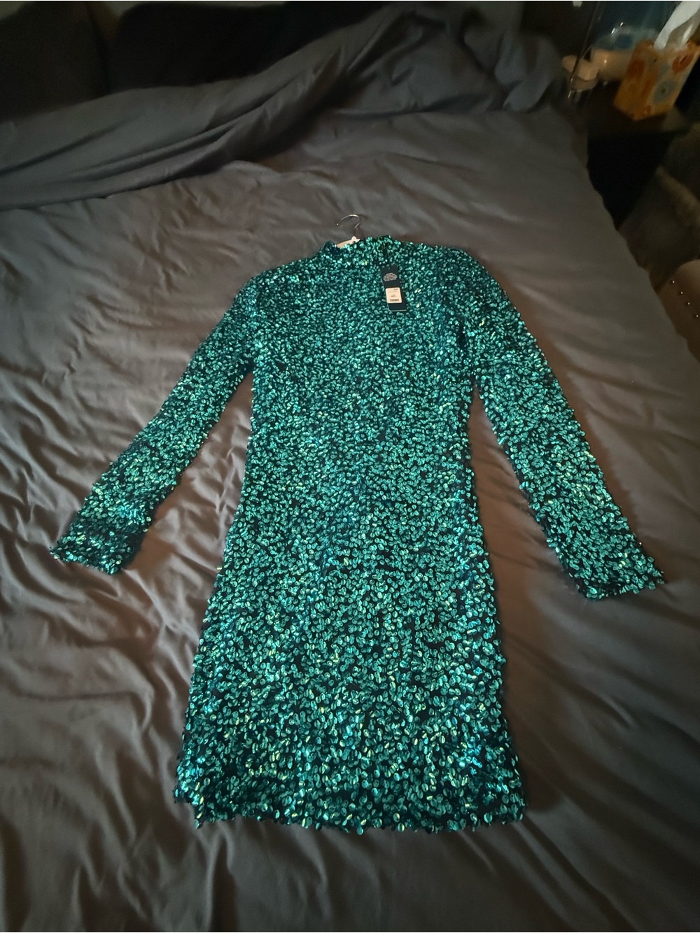 Fashion Nova Teal Sequin Long-Sleeve Bodycon Dress